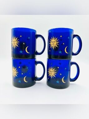 Vintage Libbey Cobalt Blue Celestial Coffee Mugs - Sun Moon Stars (Set of 4)